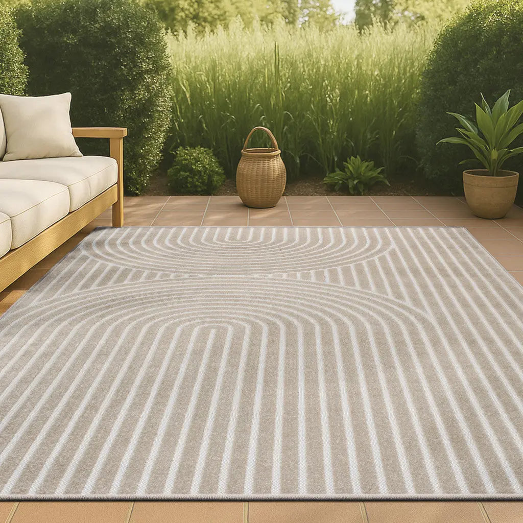 8' X 10' Beige And Cream Striped Indoor Outdoor Area Rug Homeroots Outdoor