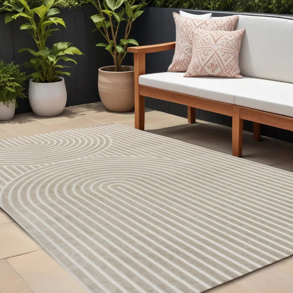 8' X 10' Beige And Cream Striped Indoor Outdoor Area Rug Homeroots Outdoor