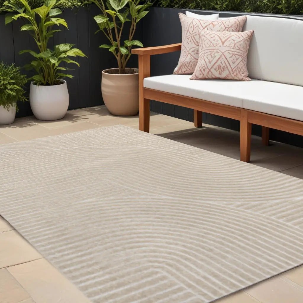 8' X 10' Beige And Cream Striped Indoor Outdoor Area Rug Homeroots Outdoor