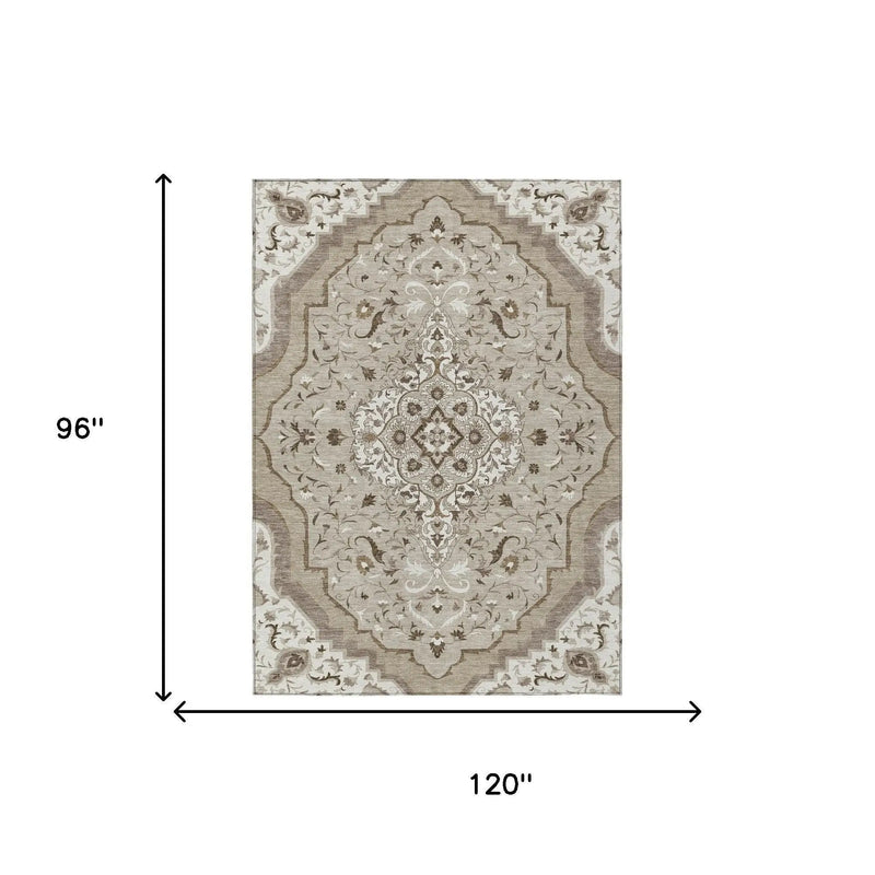 8' X 10' Beige And Taupe Medallion Washable Indoor Outdoor Area Rug Homeroots Outdoor