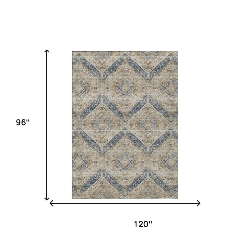 8' X 10' Beige And Teal Blue Tribal Washable Indoor Outdoor Area Rug Homeroots Outdoor