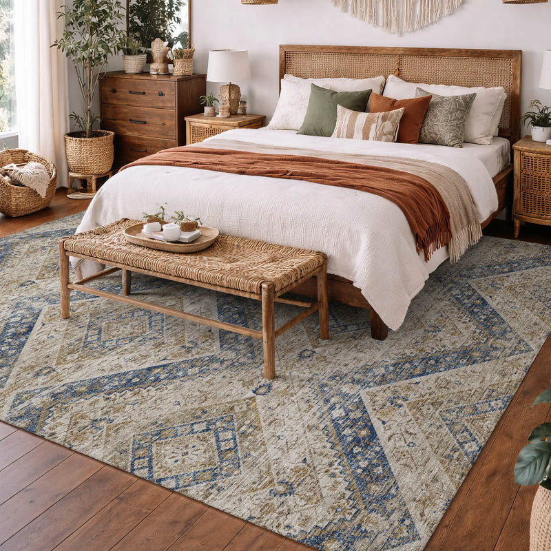 8' X 10' Beige And Teal Blue Tribal Washable Indoor Outdoor Area Rug Homeroots Outdoor