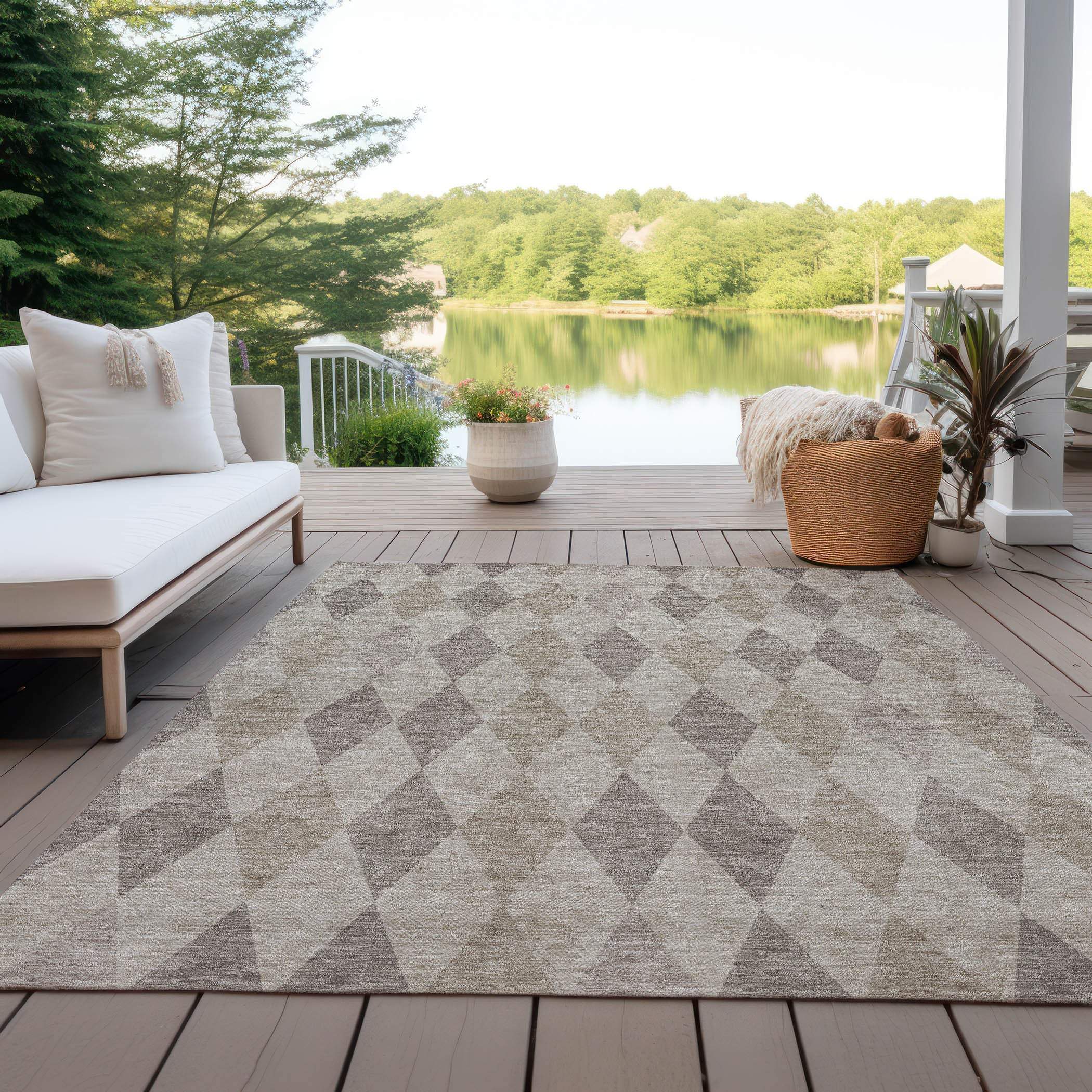 8' X 10' Beige Taupe and Brown Geometric Washable Non Skid Indoor Outdoor Area Rug - GreatEagleInc