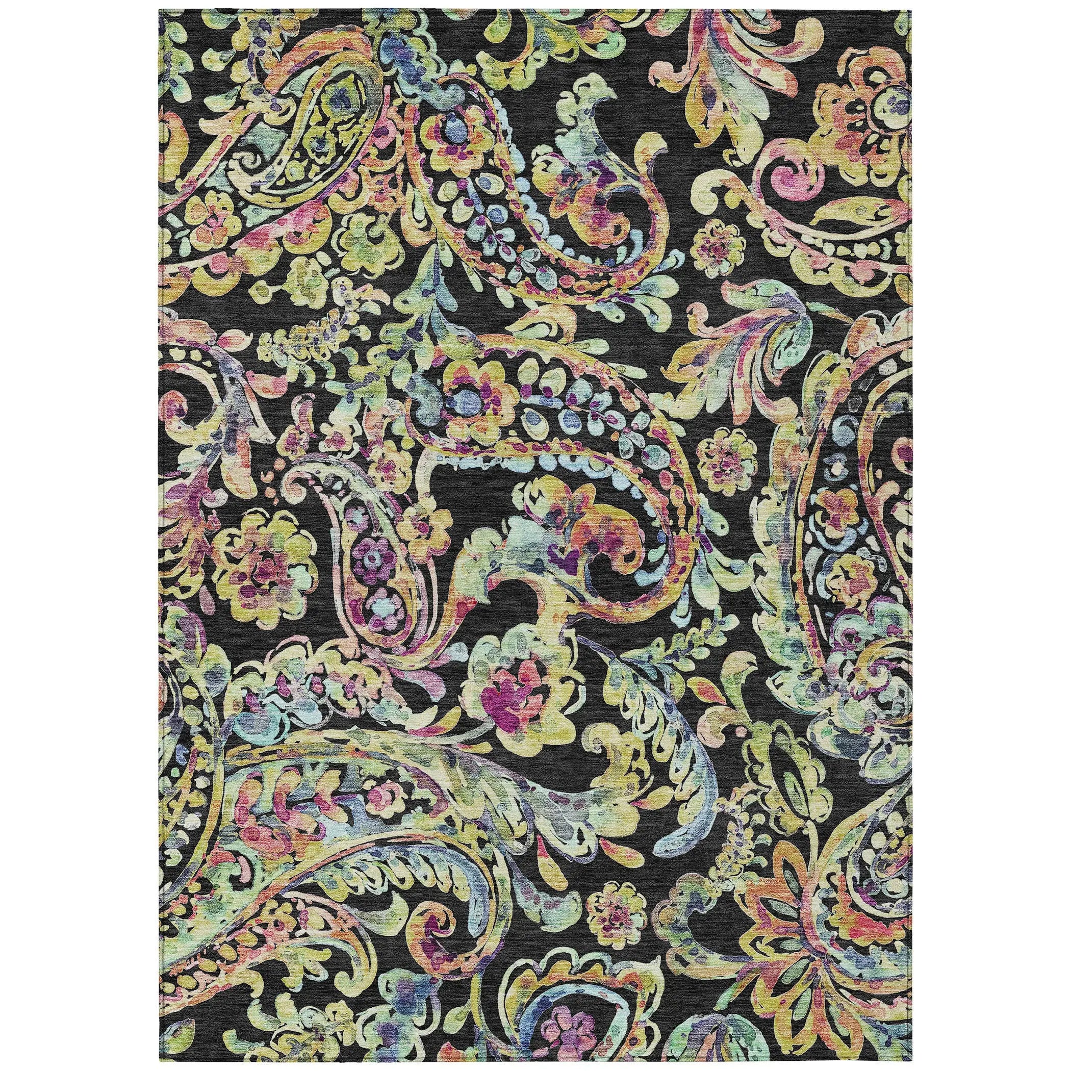 8' X 10' Black And Artichoke Green Paisley Washable Indoor Outdoor Area Rug Homeroots Outdoor