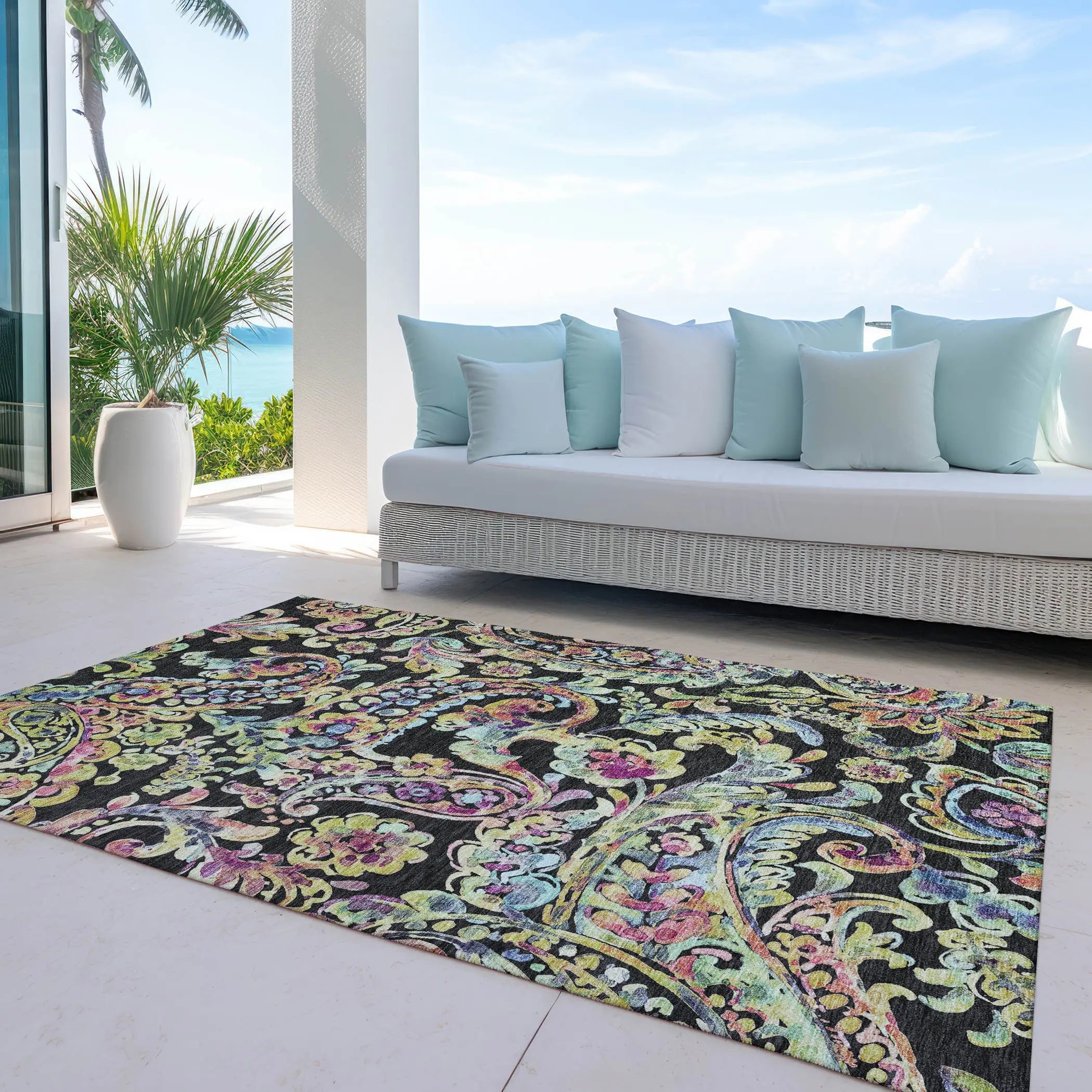 8' X 10' Black And Artichoke Green Paisley Washable Indoor Outdoor Area Rug Homeroots Outdoor