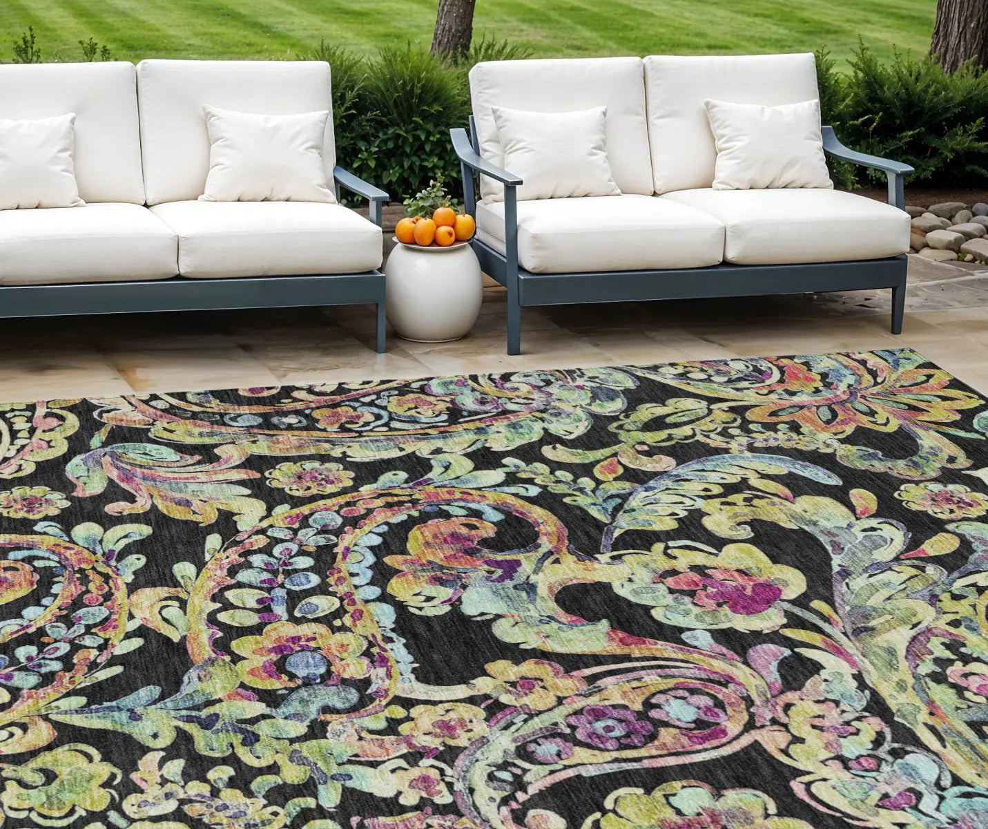 8' X 10' Black And Artichoke Green Paisley Washable Indoor Outdoor Area Rug Homeroots Outdoor