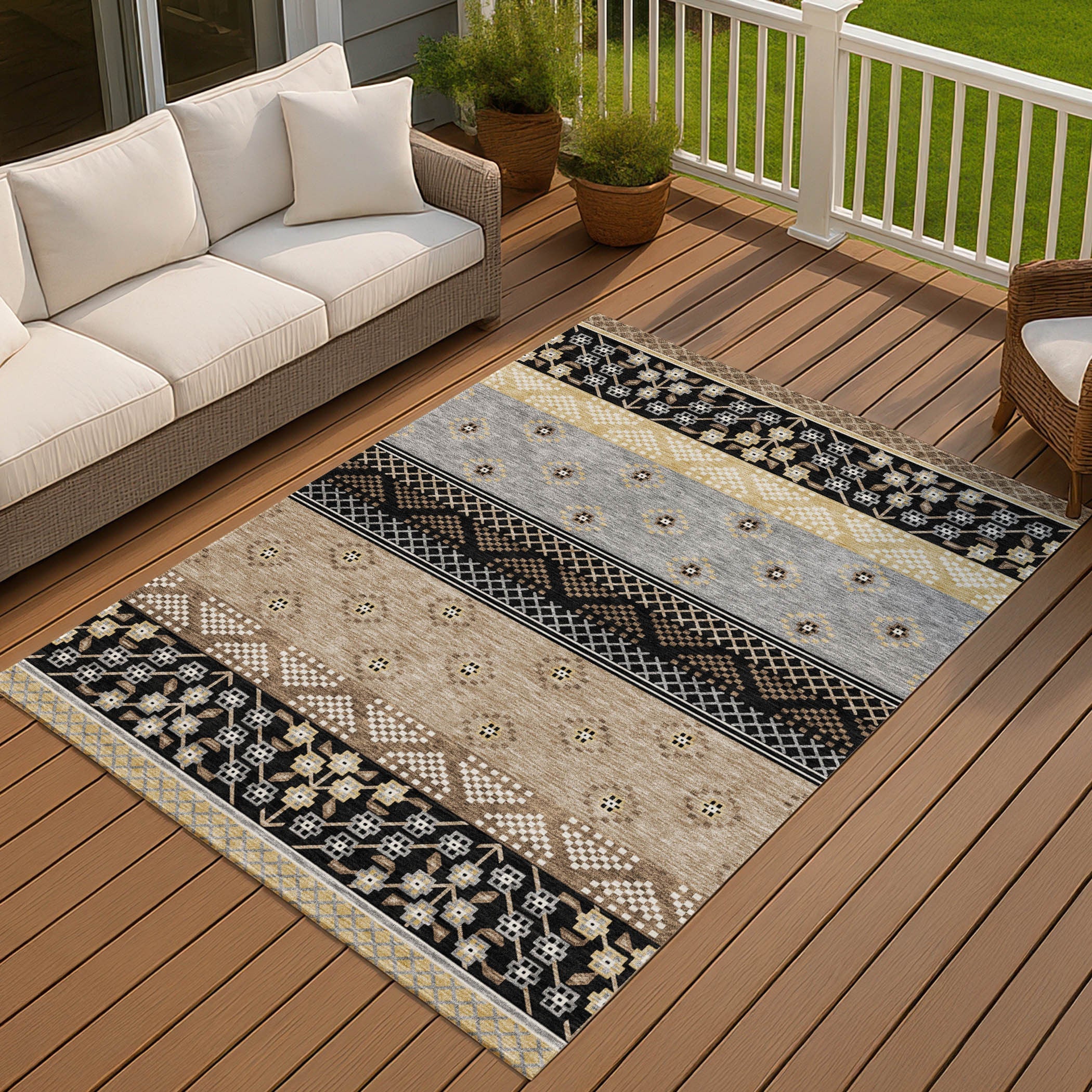 8' X 10' Black And Beige Striped Washable Indoor Outdoor Area Rug Homeroots Outdoor