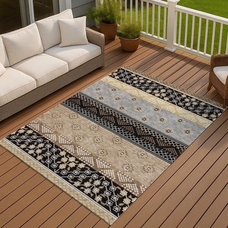 8' X 10' Black And Beige Striped Washable Indoor Outdoor Area Rug Homeroots Outdoor