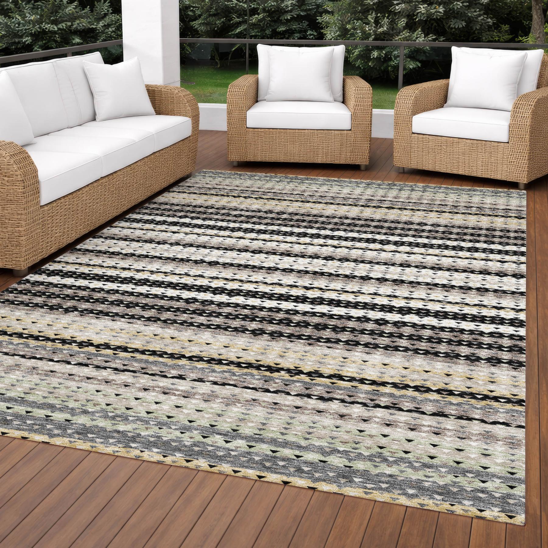 8' X 10' Black And Beige Striped Washable Indoor Outdoor Area Rug Homeroots Outdoor