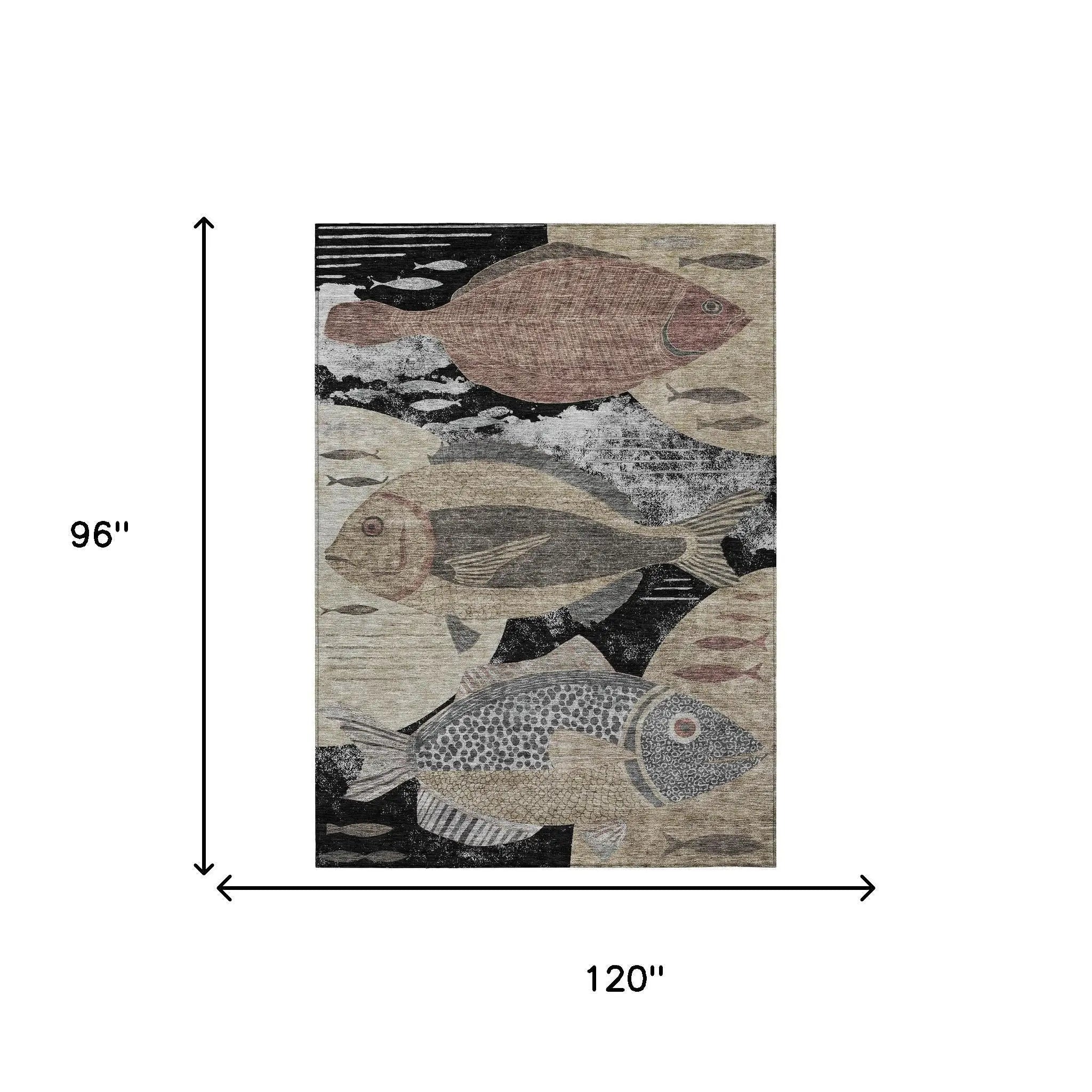 8' X 10' Black And Beige Tropical Fish Washable Indoor Outdoor Area Rug Homeroots Outdoor