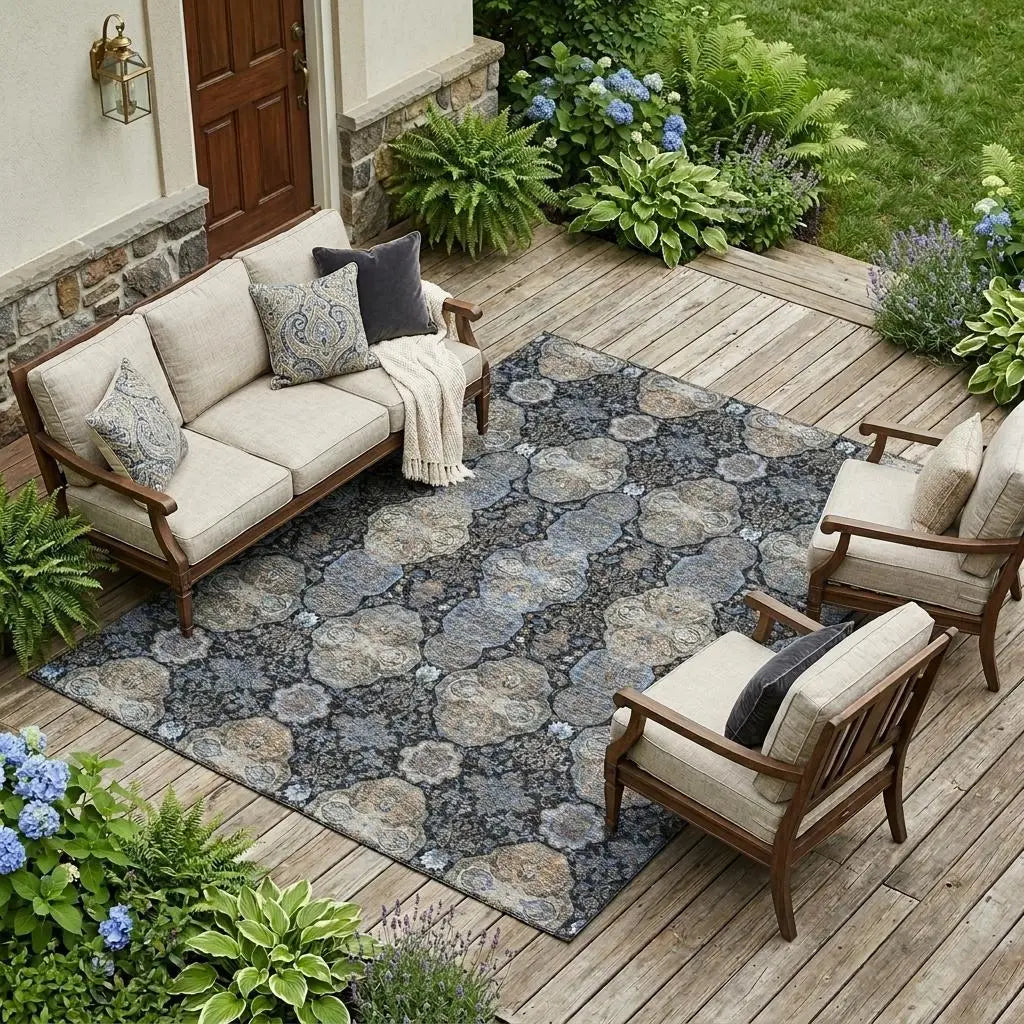 8' X 10' Black And Blue Floral Washable Indoor Outdoor Area Rug Homeroots Outdoor