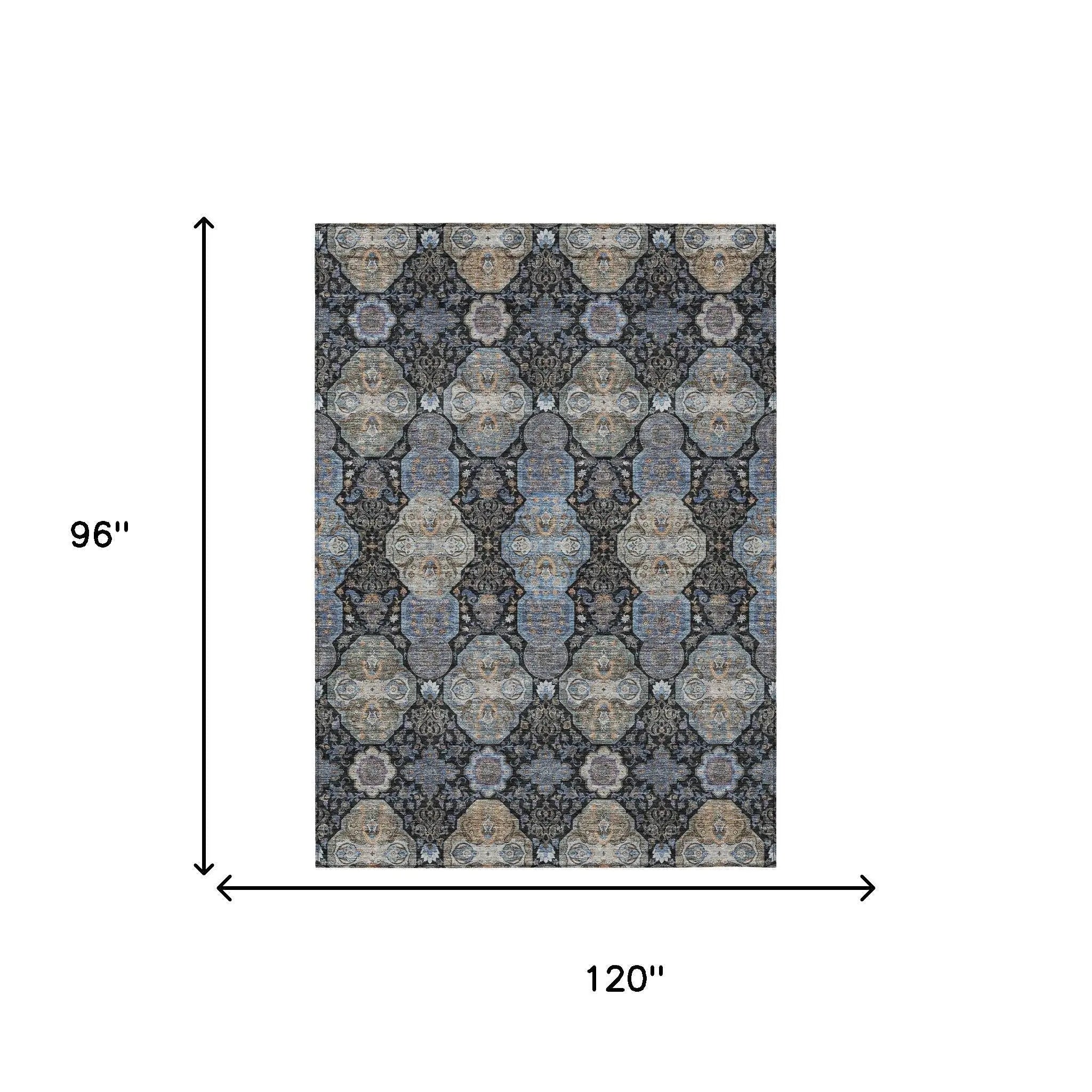 8' X 10' Black And Blue Floral Washable Indoor Outdoor Area Rug Homeroots Outdoor