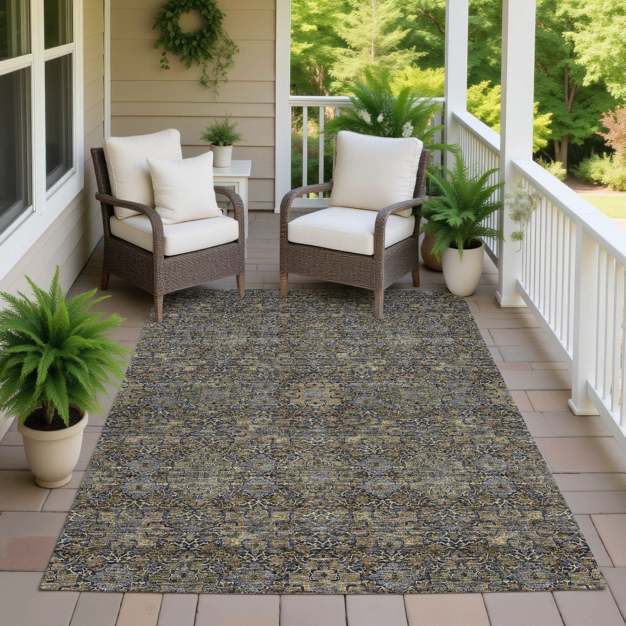 8' X 10' Black And Brown Oriental Washable Indoor Outdoor Area Rug Homeroots Outdoor
