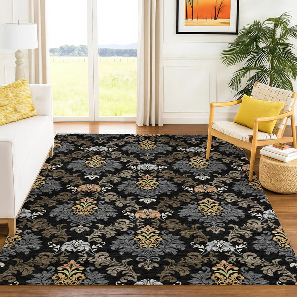 8' X 10' Black And Charcoal Damask Washable Indoor Outdoor Area Rug Homeroots Outdoor
