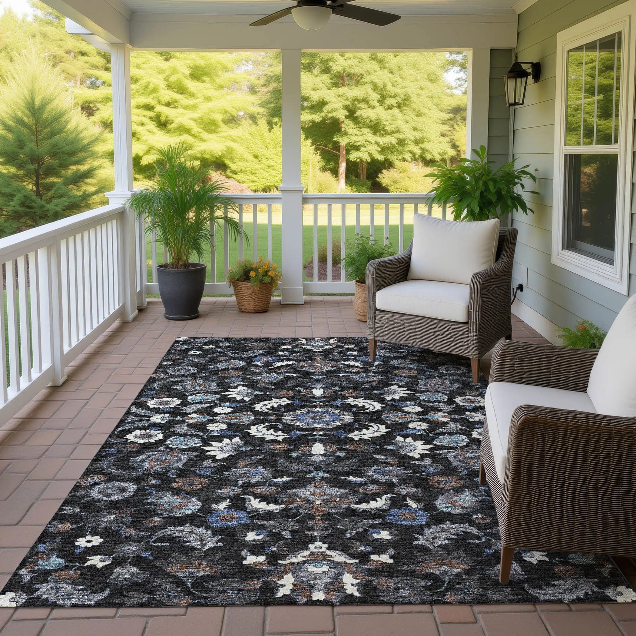 8' X 10' Black And Charcoal Floral Medallion Washable Indoor Outdoor Area Rug Homeroots Outdoor