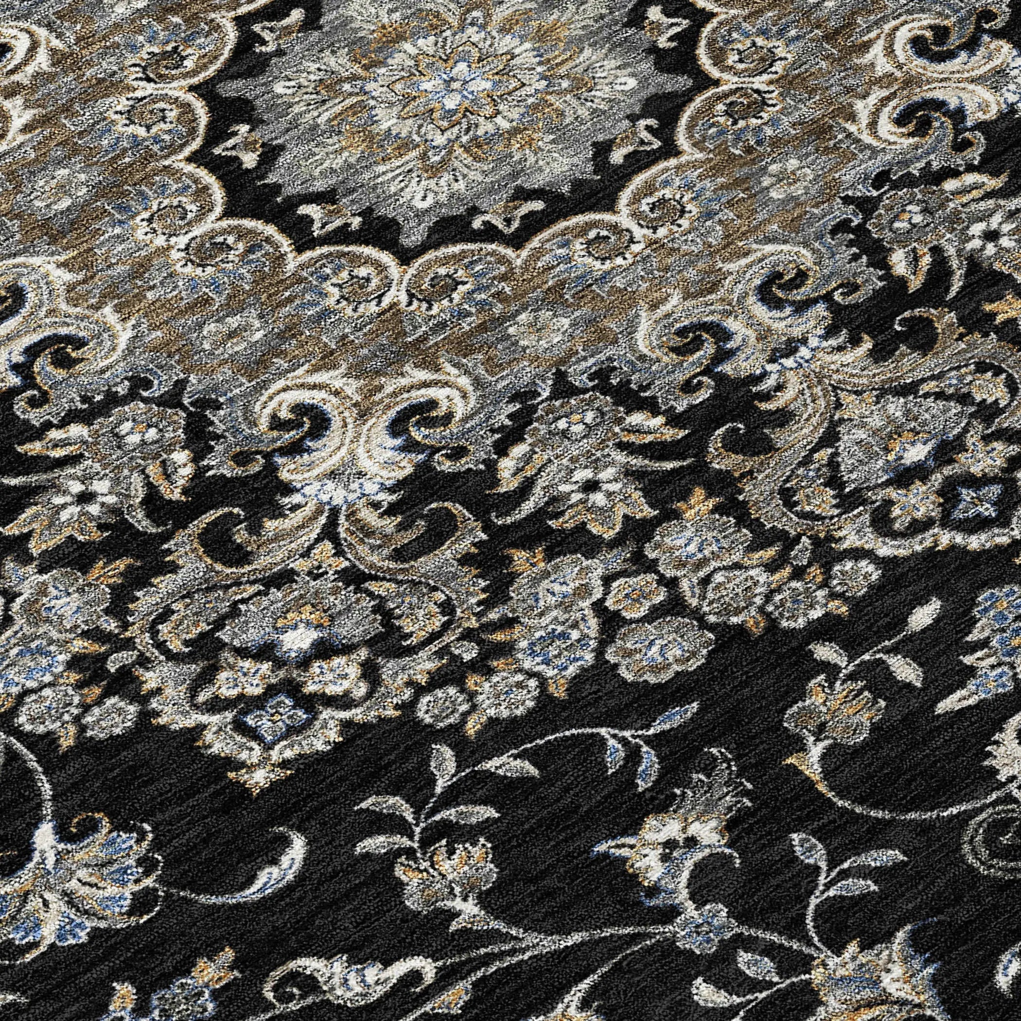 8' X 10' Black And Charcoal Floral Medallion Washable Indoor Outdoor Area Rug Homeroots Outdoor