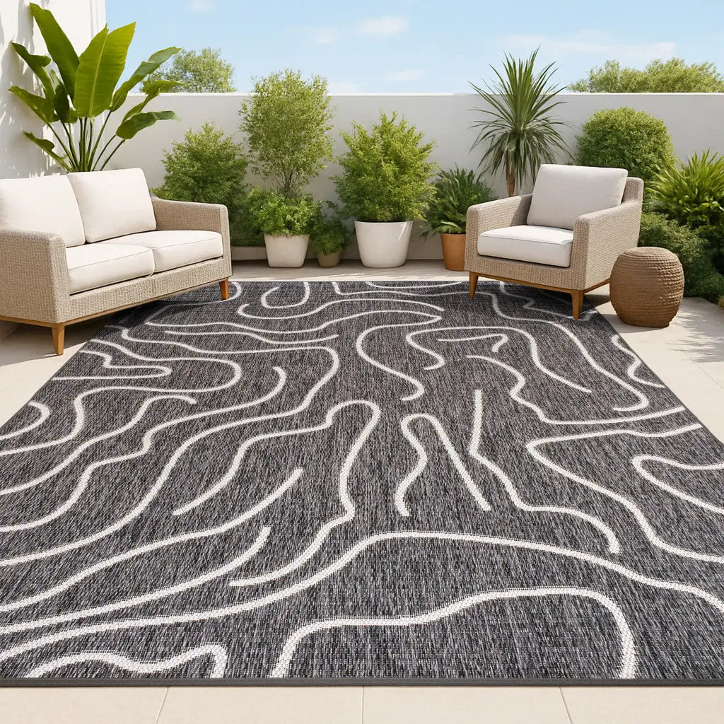 8' X 10' Black And Cream Abstract Indoor Outdoor Area Rug Homeroots Outdoor