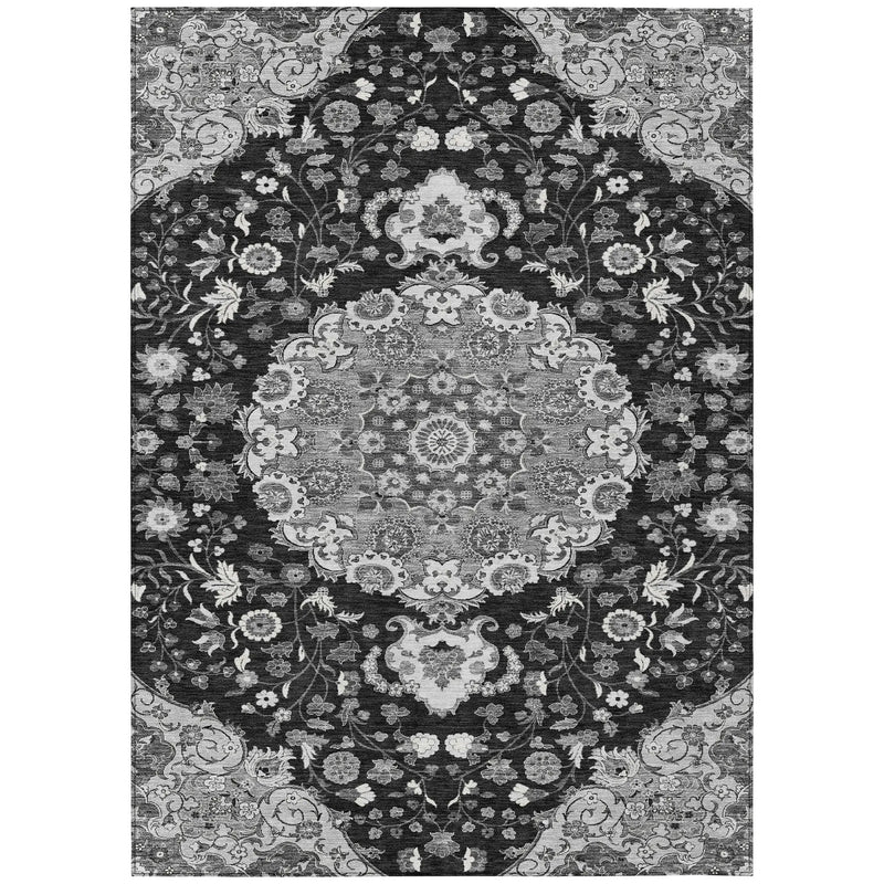 8' X 10' Black And Granite Gray Damask Washable Indoor Outdoor Area Rug Homeroots Outdoor
