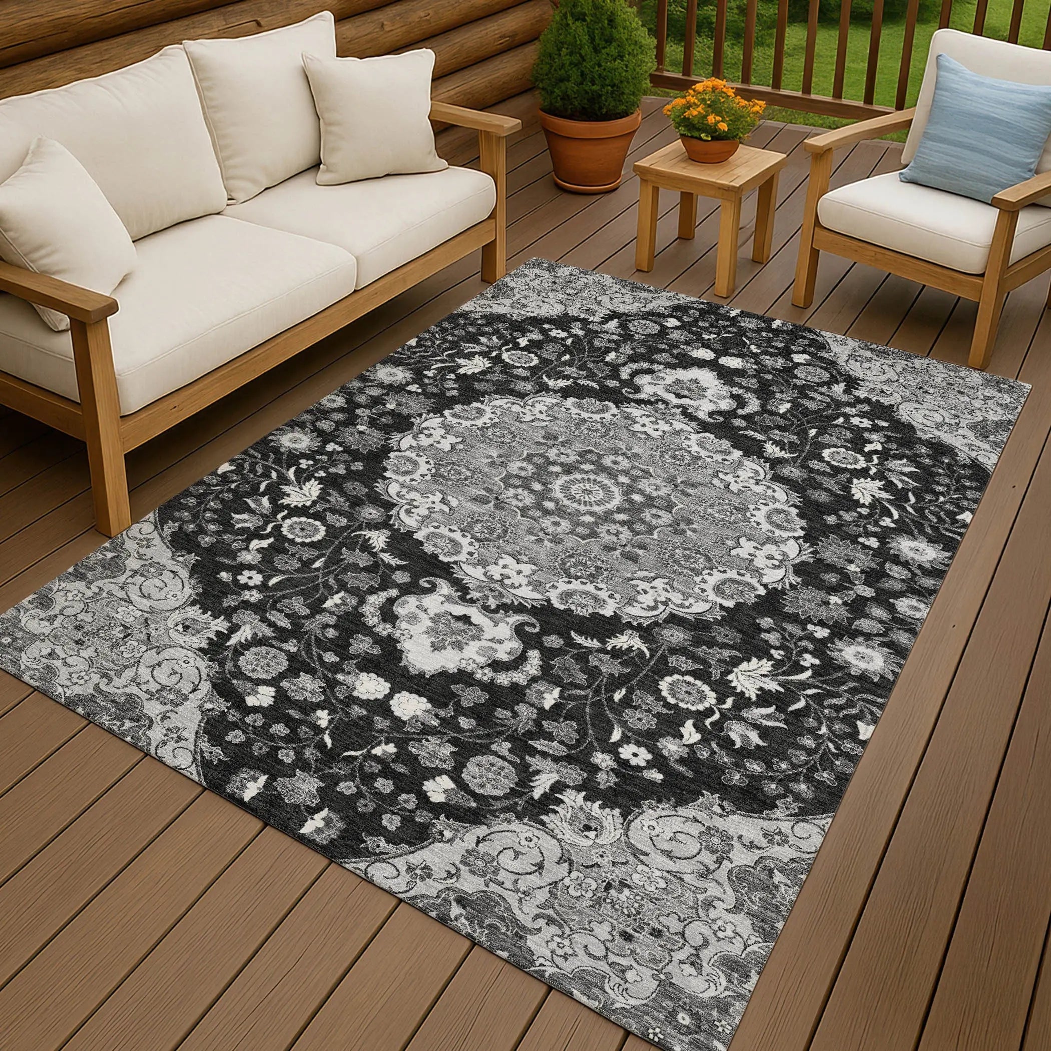 8' X 10' Black And Granite Gray Damask Washable Indoor Outdoor Area Rug Homeroots Outdoor