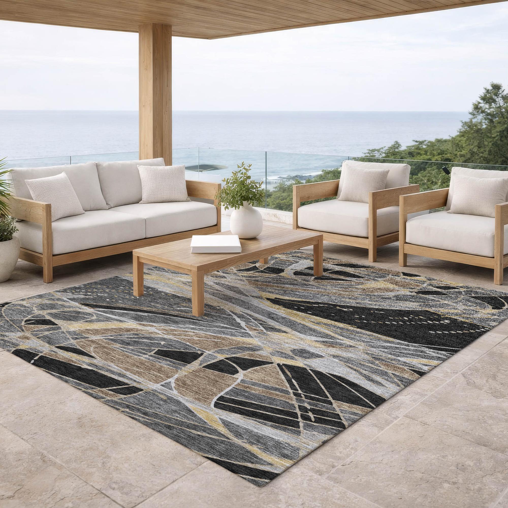 8' X 10' Black And Graphite Abstract Washable Indoor Outdoor Area Rug Homeroots Outdoor
