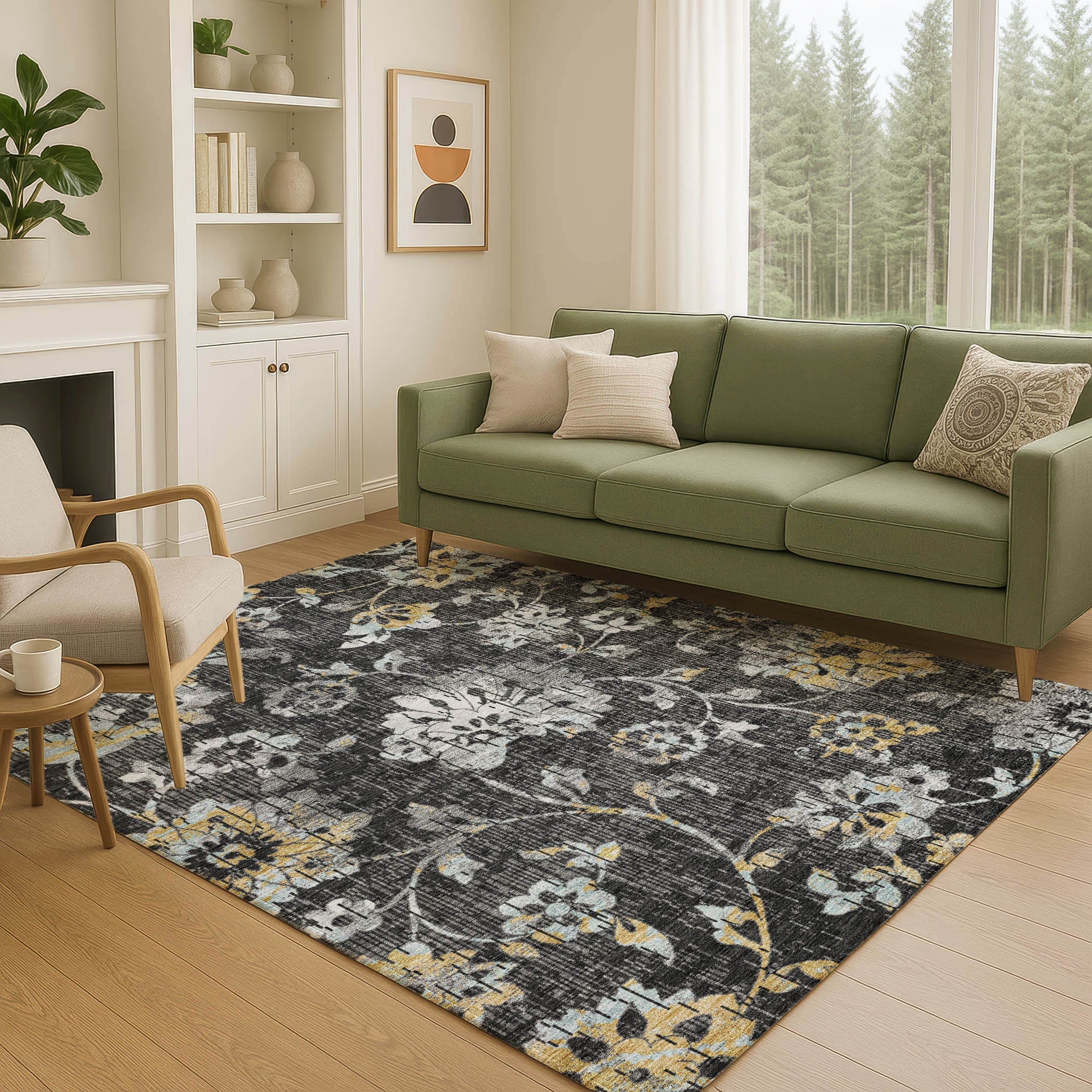 8' X 10' Black And Graphite Floral Washable Indoor Outdoor Area Rug Homeroots Outdoor