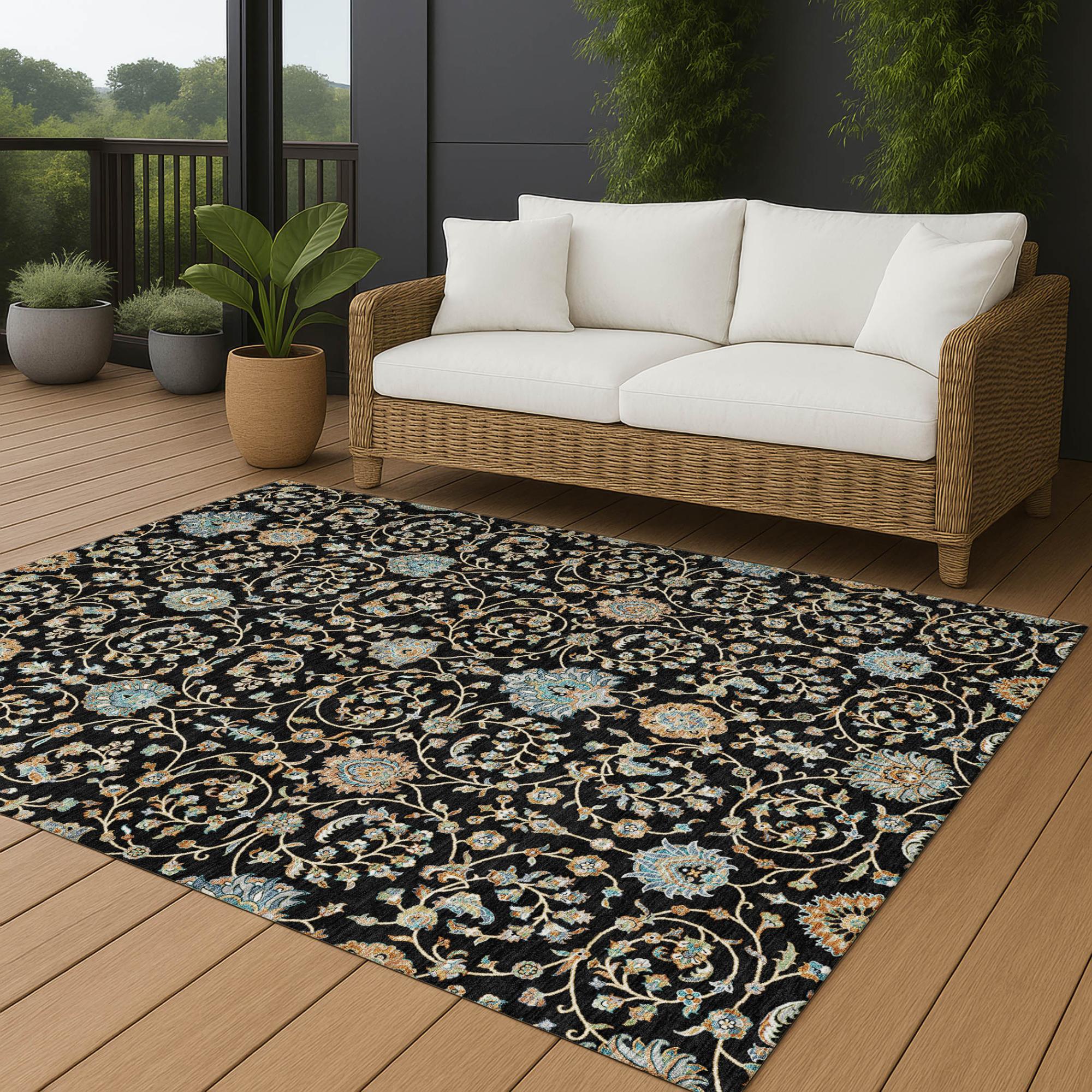 8' X 10' Black And Graphite Floral Washable Indoor Outdoor Area Rug Homeroots Outdoor