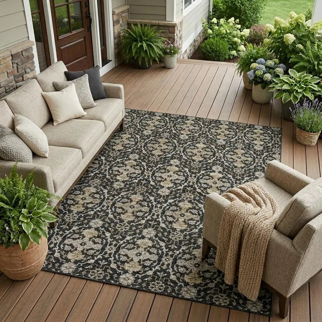 8' X 10' Black And Graphite Oriental Washable Indoor Outdoor Area Rug Homeroots Outdoor