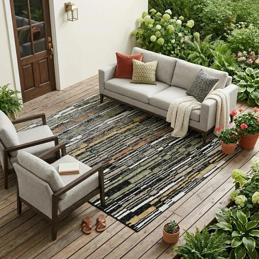 8' X 10' Black And Graphite Striped Washable Indoor Outdoor Area Rug Homeroots Outdoor