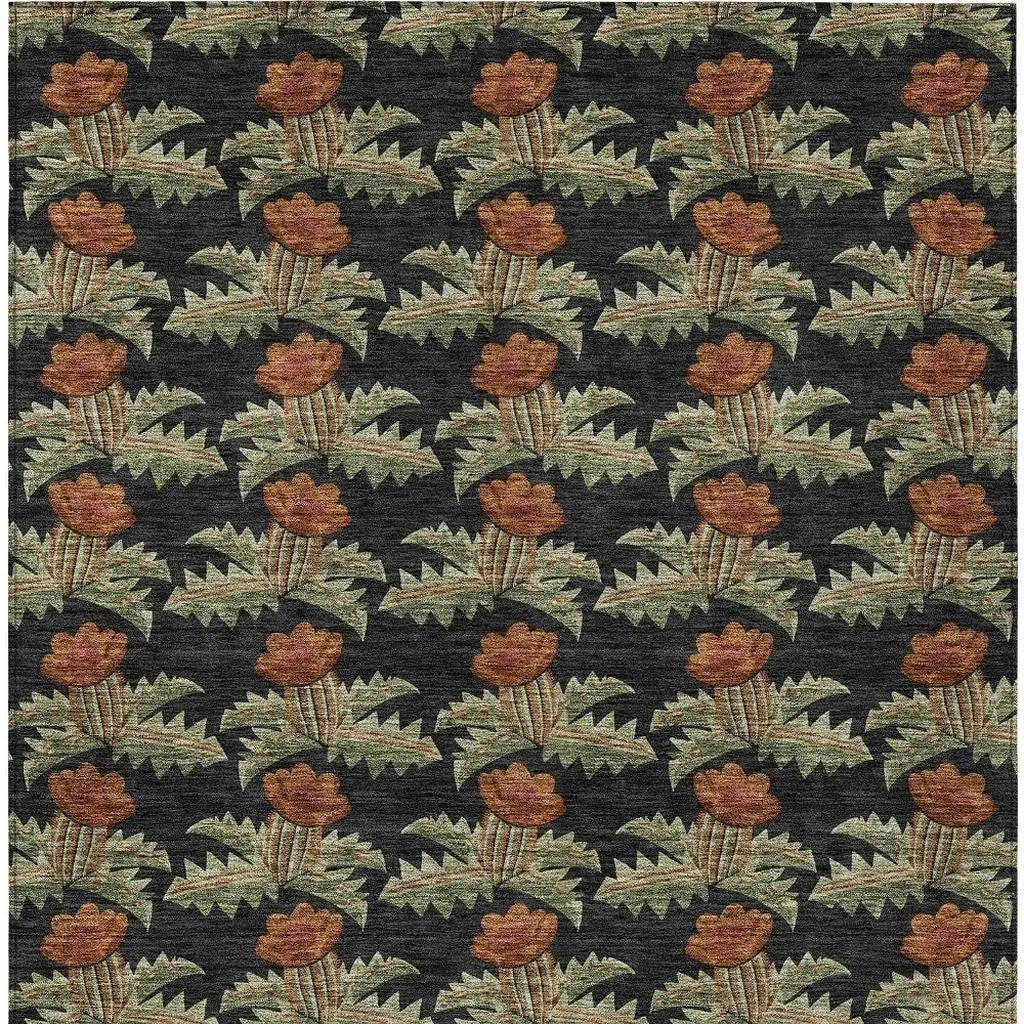 8' X 10' Black And Green Floral Washable Indoor Outdoor Area Rug Homeroots Outdoor