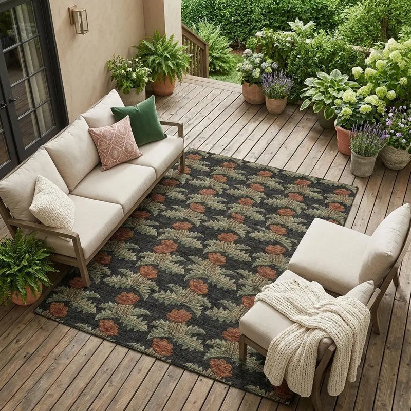 8' X 10' Black And Green Floral Washable Indoor Outdoor Area Rug Homeroots Outdoor