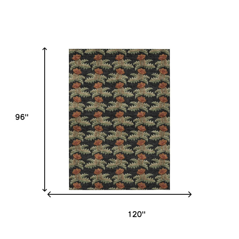 8' X 10' Black And Green Floral Washable Indoor Outdoor Area Rug Homeroots Outdoor