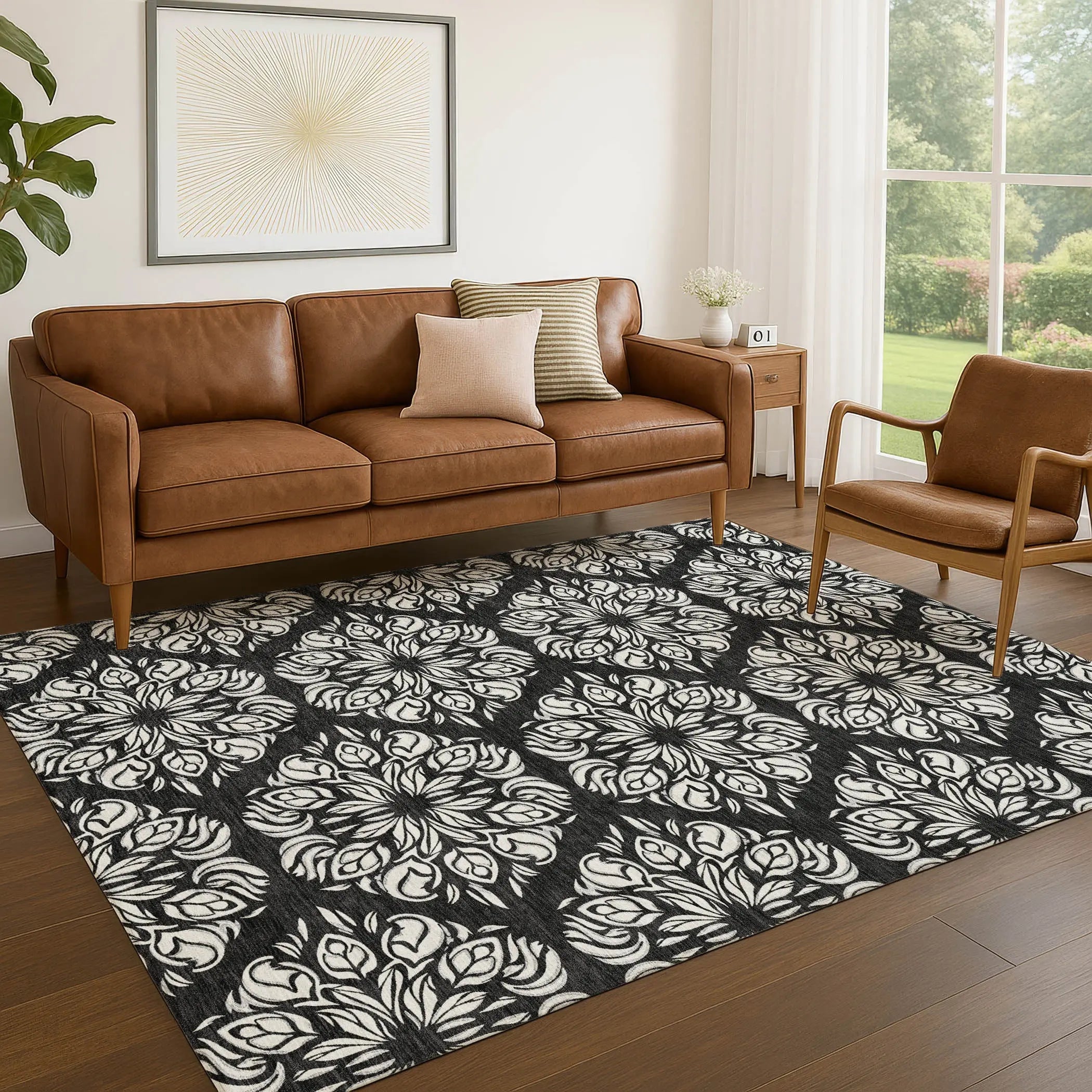 8' X 10' Black And Ivory Damask Washable Indoor Outdoor Area Rug Homeroots Outdoor