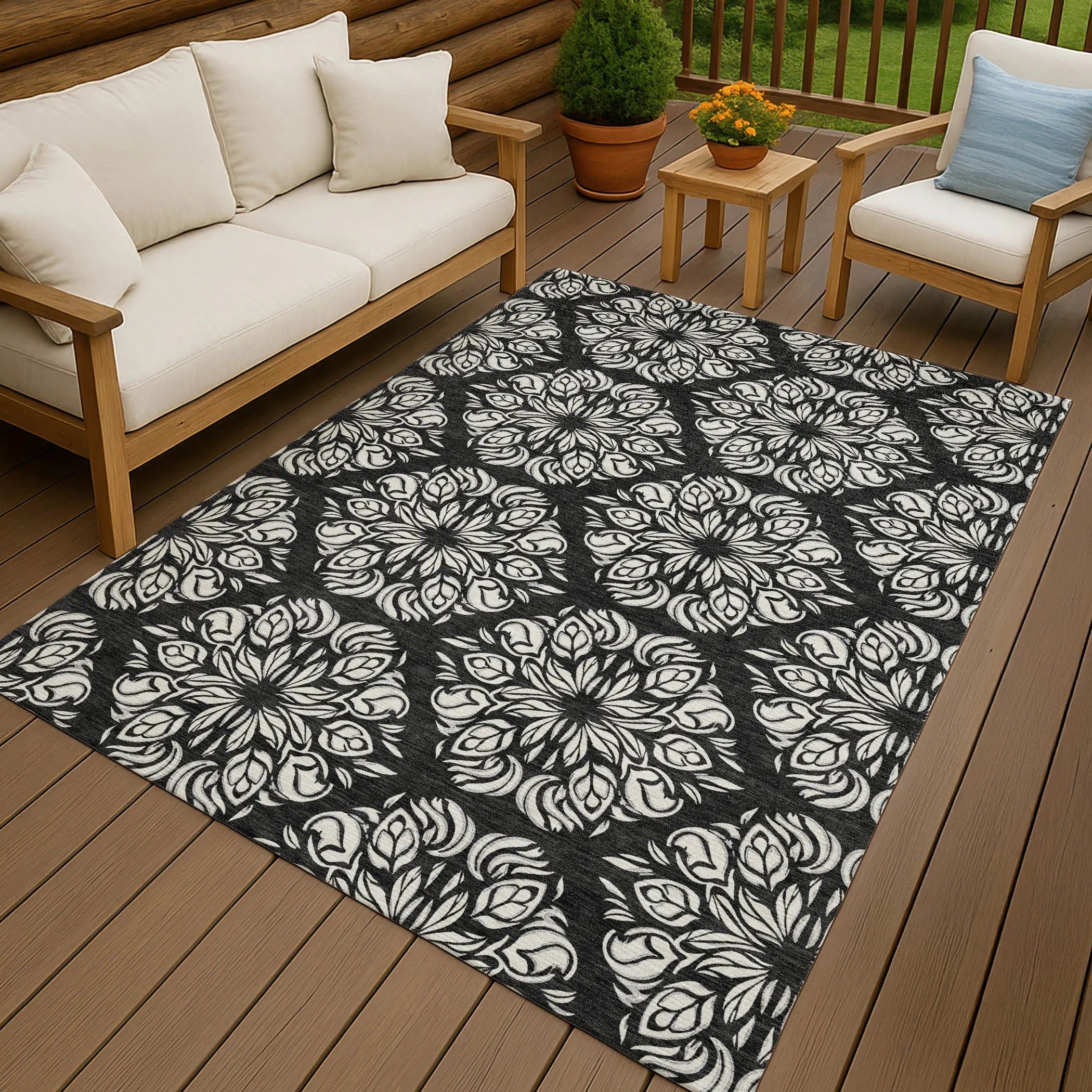 8' X 10' Black And Ivory Damask Washable Indoor Outdoor Area Rug Homeroots Outdoor
