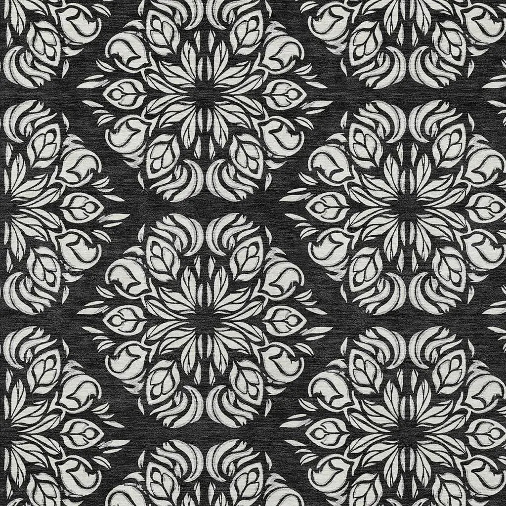 8' X 10' Black And Ivory Damask Washable Indoor Outdoor Area Rug Homeroots Outdoor
