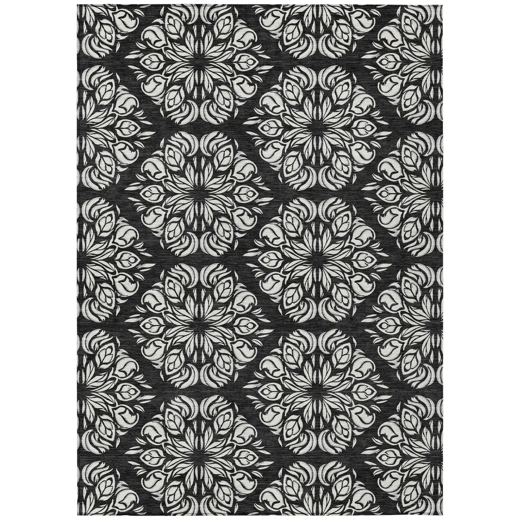8' X 10' Black And Ivory Damask Washable Indoor Outdoor Area Rug Homeroots Outdoor
