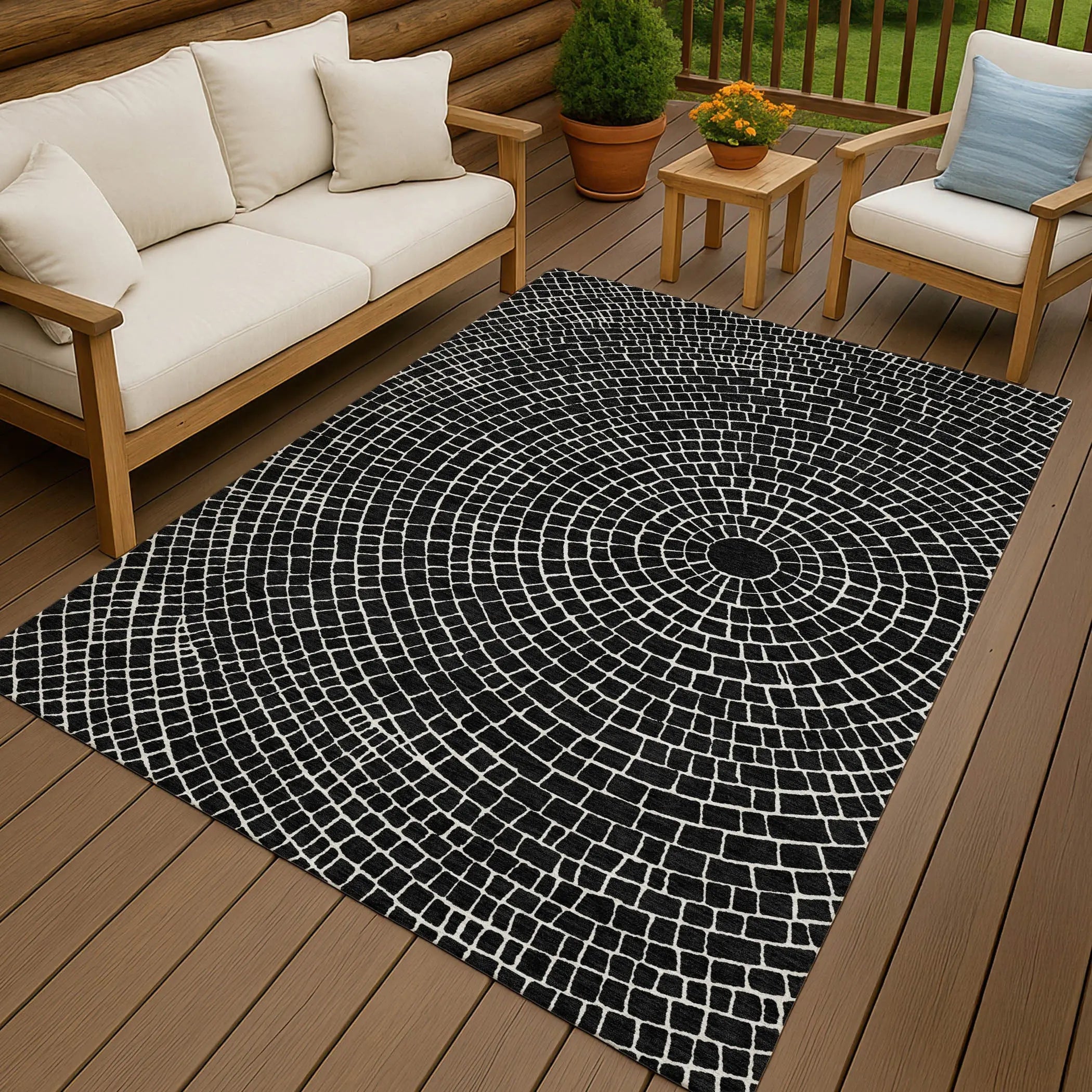 8' X 10' Black And Ivory Geometric Washable Indoor Outdoor Area Rug Homeroots Outdoor
