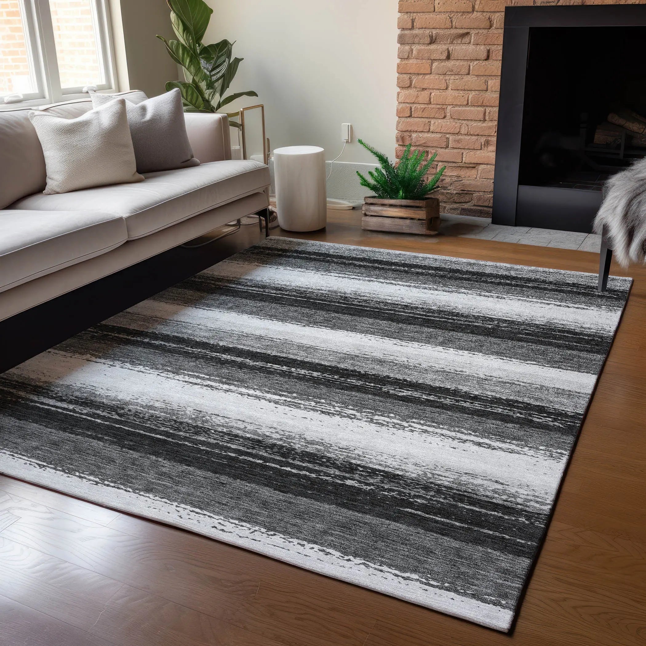 8' X 10' Black And Khaki Striped Washable Indoor Outdoor Area Rug Homeroots Outdoor