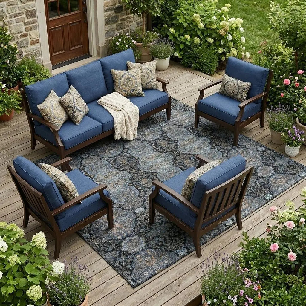 8' X 10' Black And Navy Blue Floral Washable Indoor Outdoor Area Rug Homeroots Outdoor