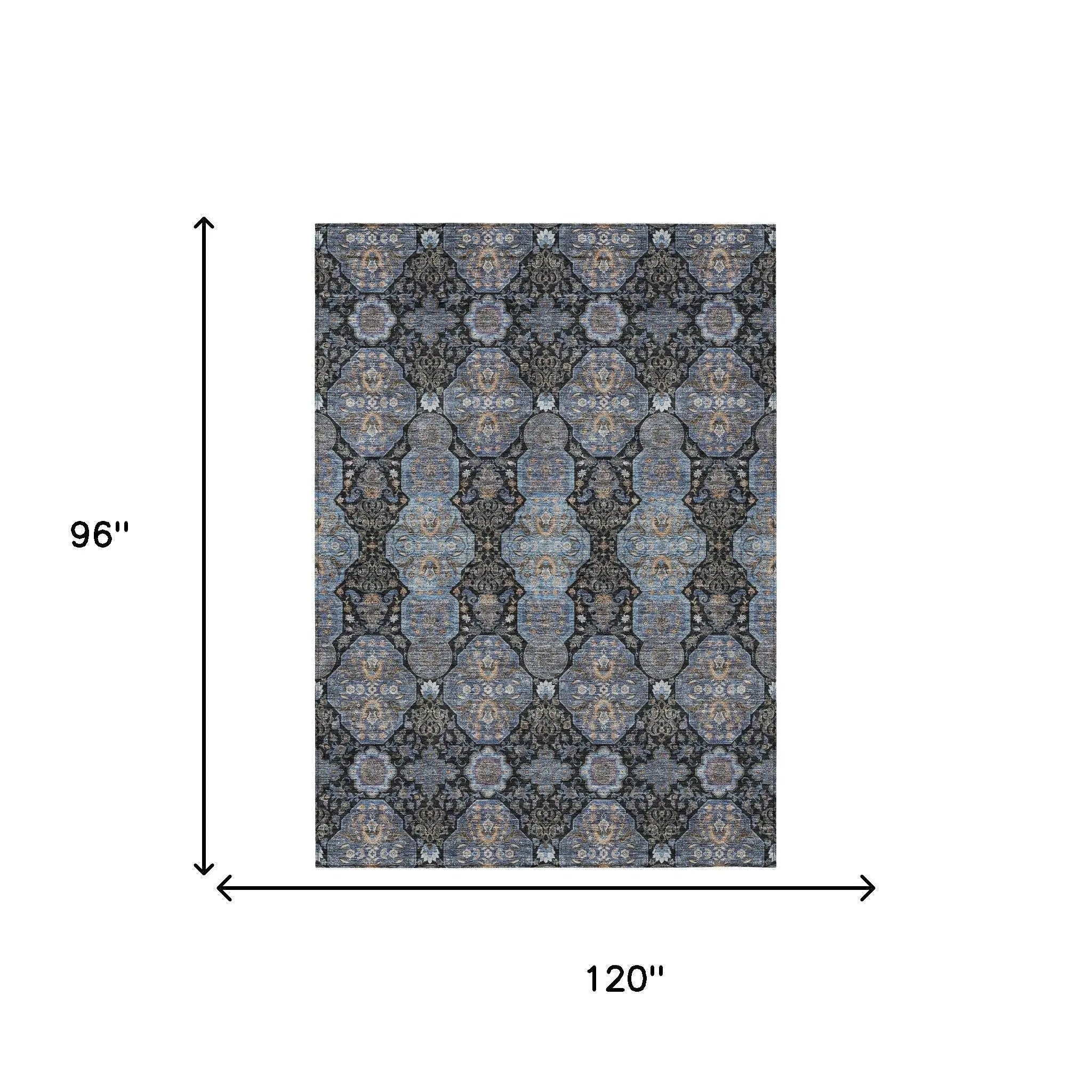 8' X 10' Black And Navy Blue Floral Washable Indoor Outdoor Area Rug Homeroots Outdoor