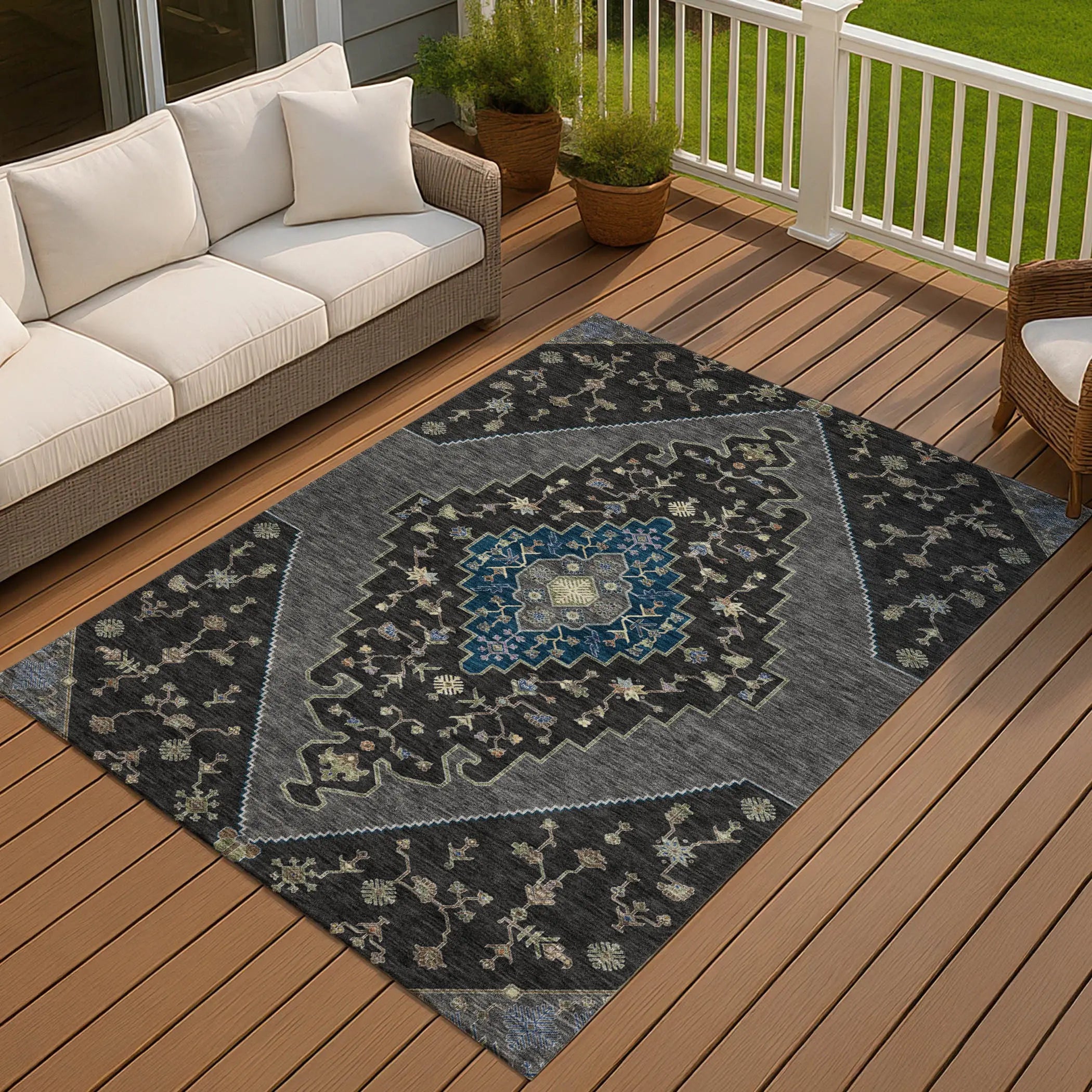 8' X 10' Black And Navy Blue Geometric Washable Indoor Outdoor Area Rug Homeroots Outdoor