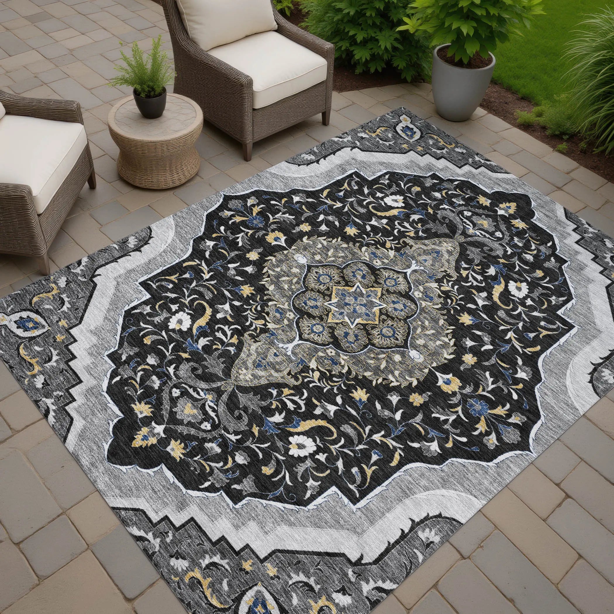 8' X 10' Black And Orange Medallion Washable Indoor Outdoor Area Rug Homeroots Outdoor