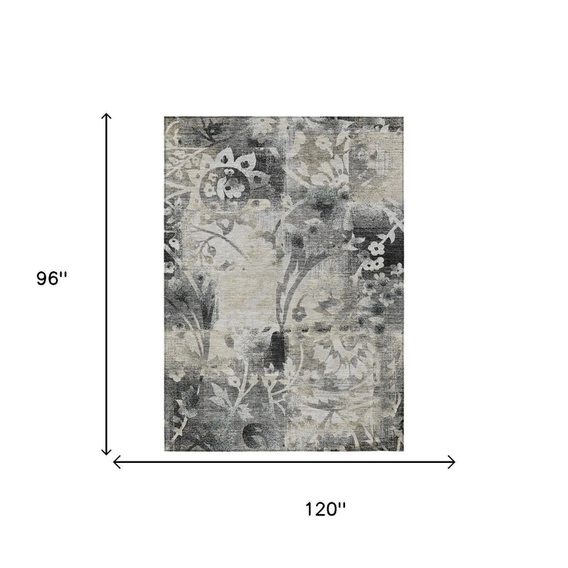 8' X 10' Black And Silver Botanical Leaves Washable Indoor Outdoor Area Rug Homeroots Outdoor