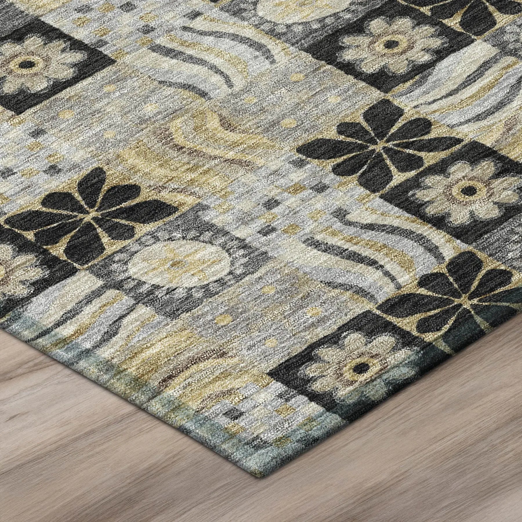 8' X 10' Black And Silver Floral Washable Indoor Outdoor Area Rug Homeroots Outdoor