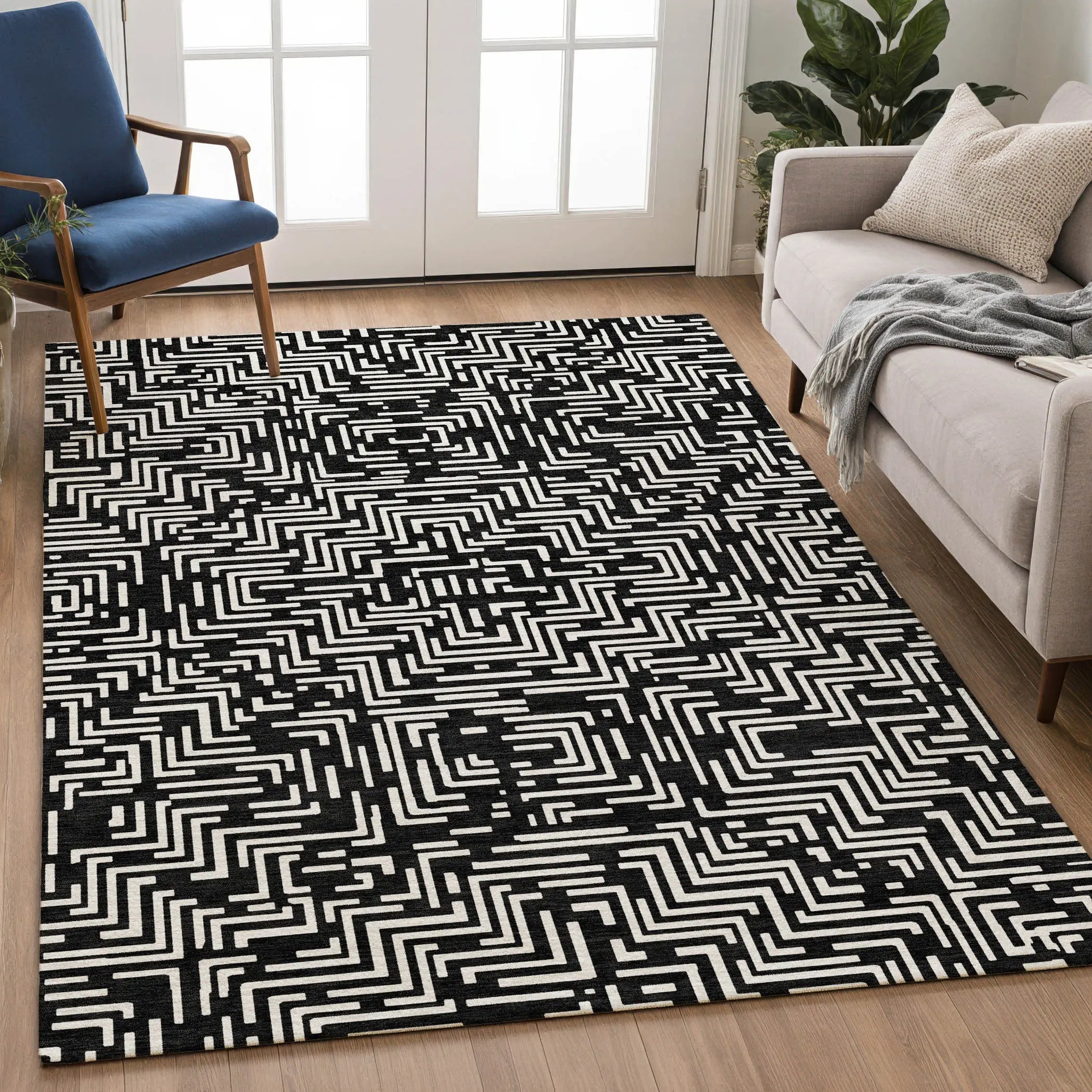 8' X 10' Black And Silver Geometric Washable Indoor Outdoor Area Rug Homeroots Outdoor