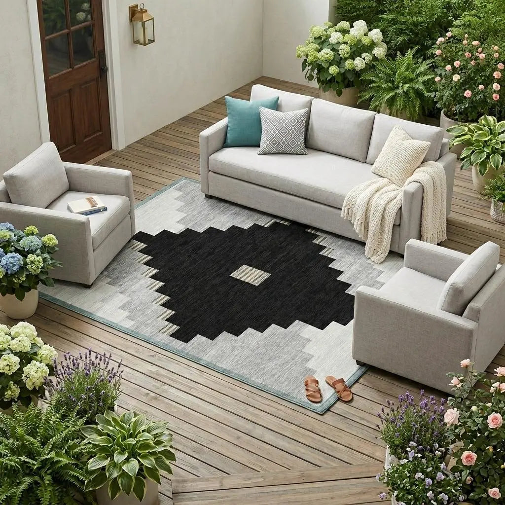 8' X 10' Black And Silver Geometric Washable Indoor Outdoor Area Rug Homeroots Outdoor