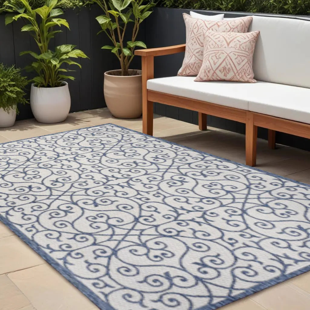 8' X 10' Blue And Cream Geometric Indoor Outdoor Area Rug Homeroots Outdoor
