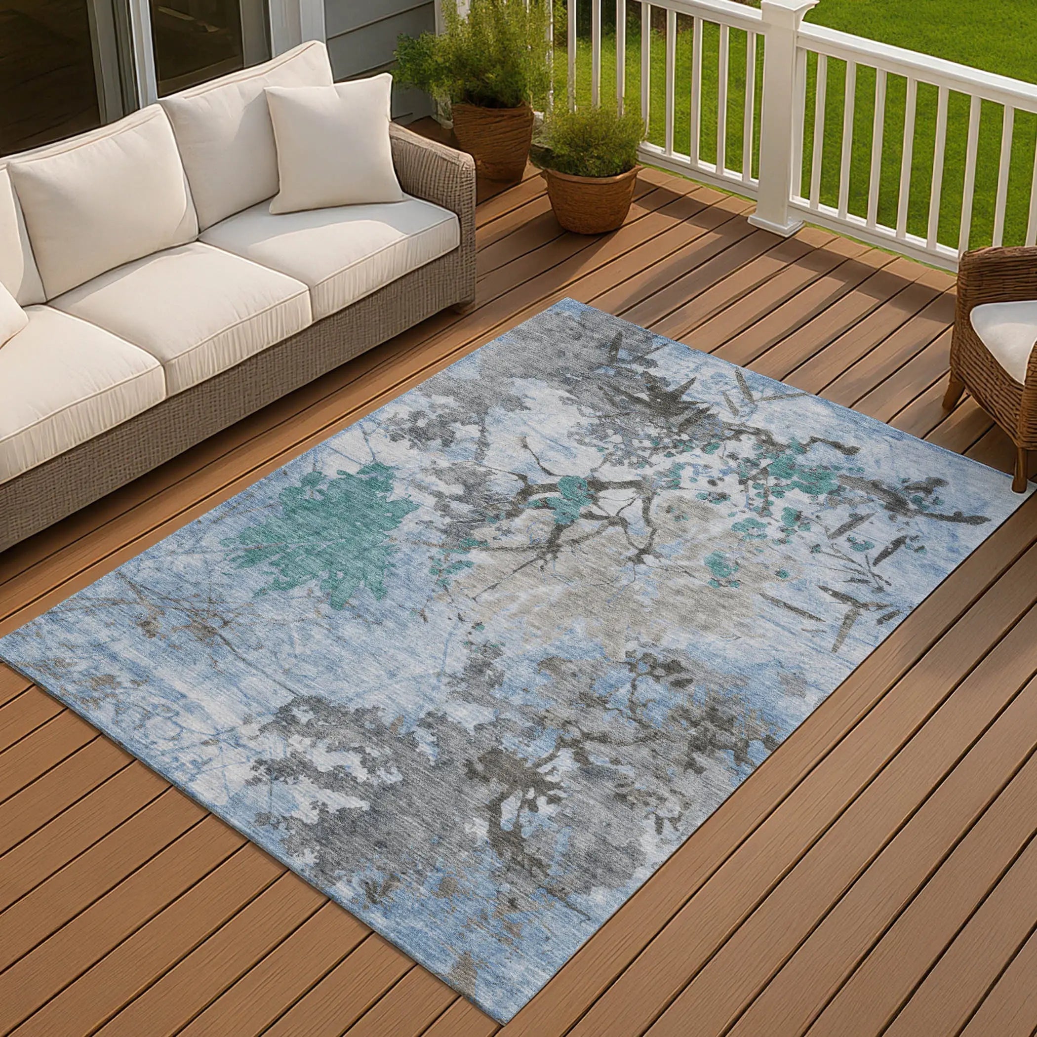8' X 10' Blue And Gray Abstract Washable Indoor Outdoor Area Rug Homeroots Outdoor