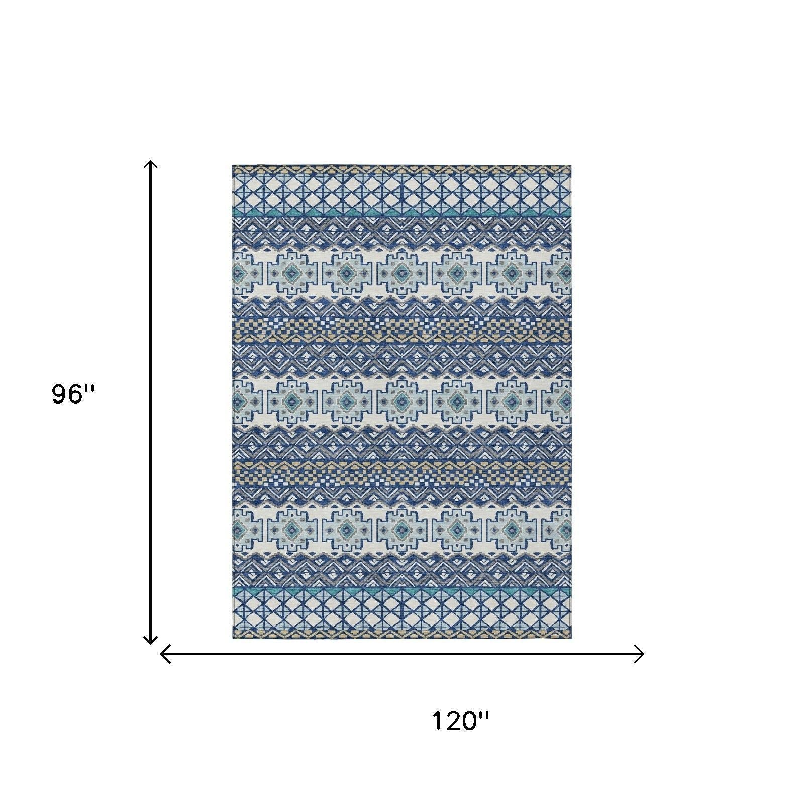 8' X 10' Blue And Gray Striped Washable Indoor Outdoor Area Rug Homeroots Outdoor