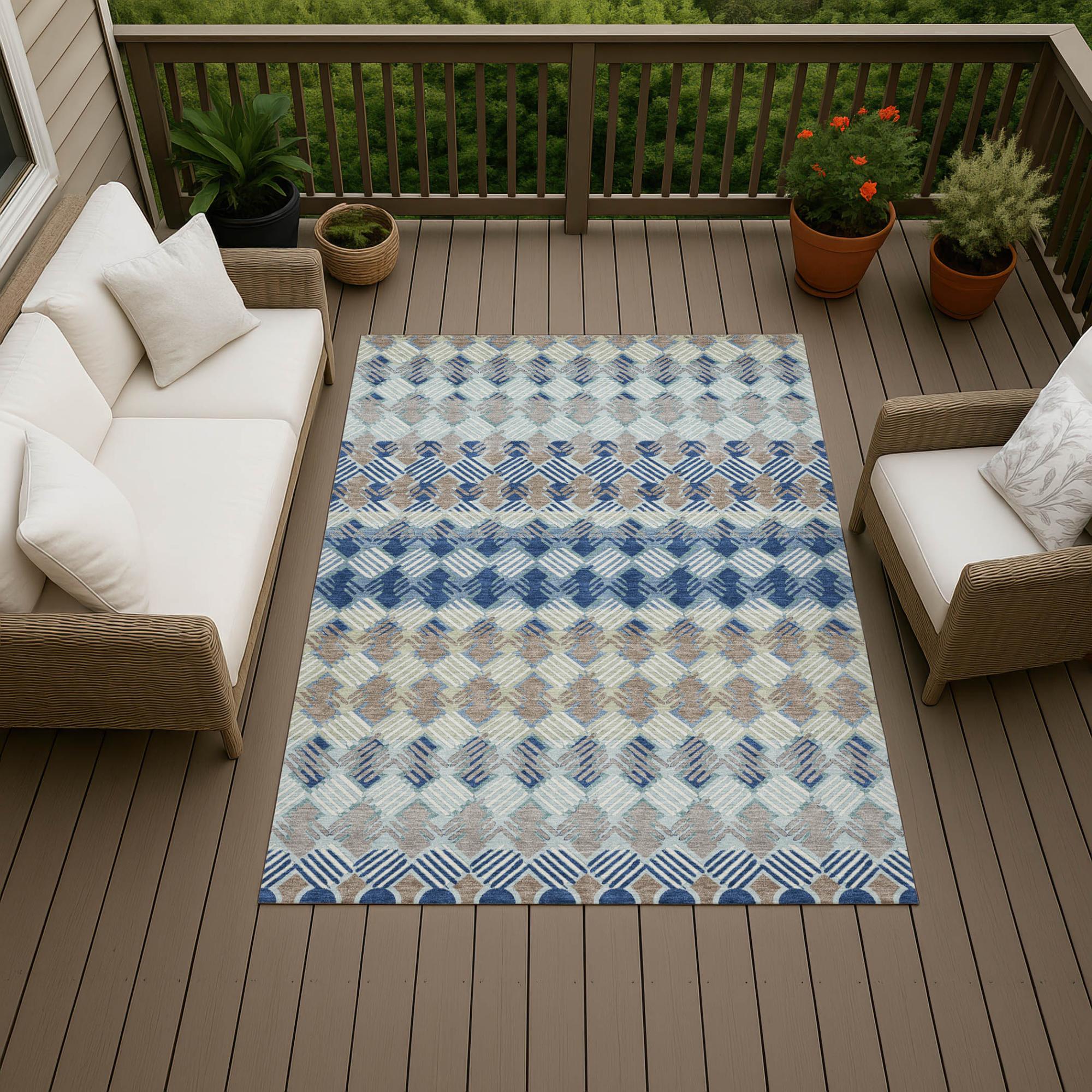 8' X 10' Blue And Gray Striped Washable Indoor Outdoor Area Rug Homeroots Outdoor