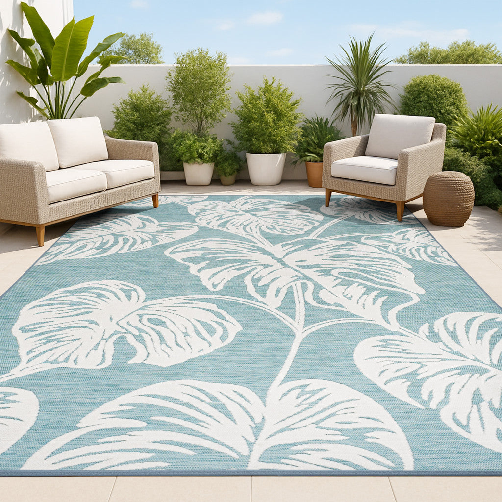 8' X 10' Blue And Ivory Floral Indoor Outdoor Area Rug - GreatEagleInc